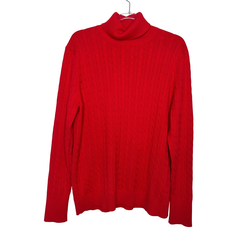 Lands End Turtleneck Sweater L 14-16 Red Cable Knit Cotton Long Sleeve Preppy